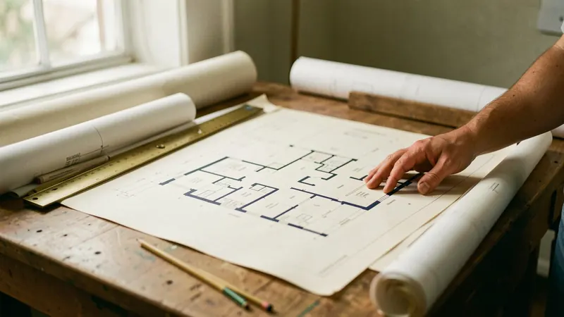 A hand resting on building floor plans spread across a drafting table in an architecture office