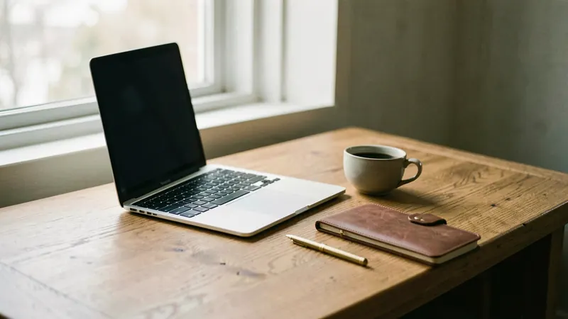 An operations leader's desk in morning light with a laptop, coffee and a leather notebook