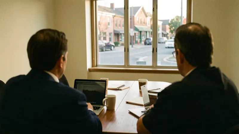 Two colleagues seen from behind working on laptops at a conference table overlooking a small-town main street